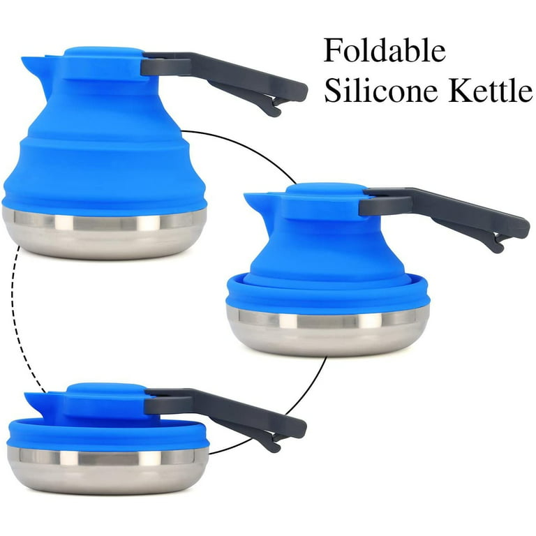 Collapsible Light Camping Kettle for Hiking Travel & Outdoor use Foldable  42 Ounce Capacity-Blue
