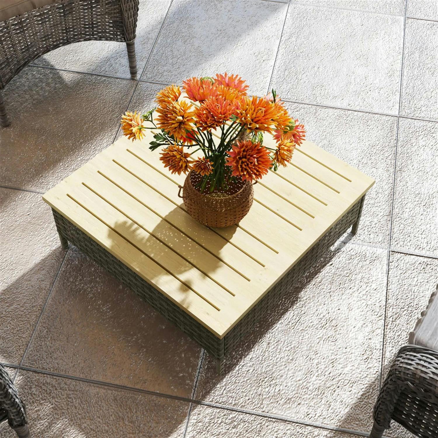 Demi Bonn 27" Rattan Side Table with Natural Fir Wood Top End Table, Weatherproof Outdoor Accent Table for Patio, Deck, Poolside, Gray