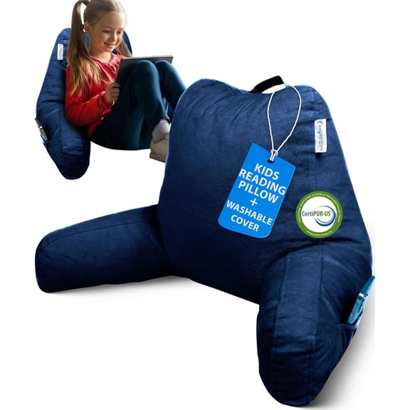 ComfortSpa Reading Pillow for Bed Adult Size, Back Rest Pillow with Arms, Pockets, Washable Cover; Use as Back Pillow for Bed Sitting Up for Bedrest or Relief from GERD Heartburn (Standard Navy Blue)