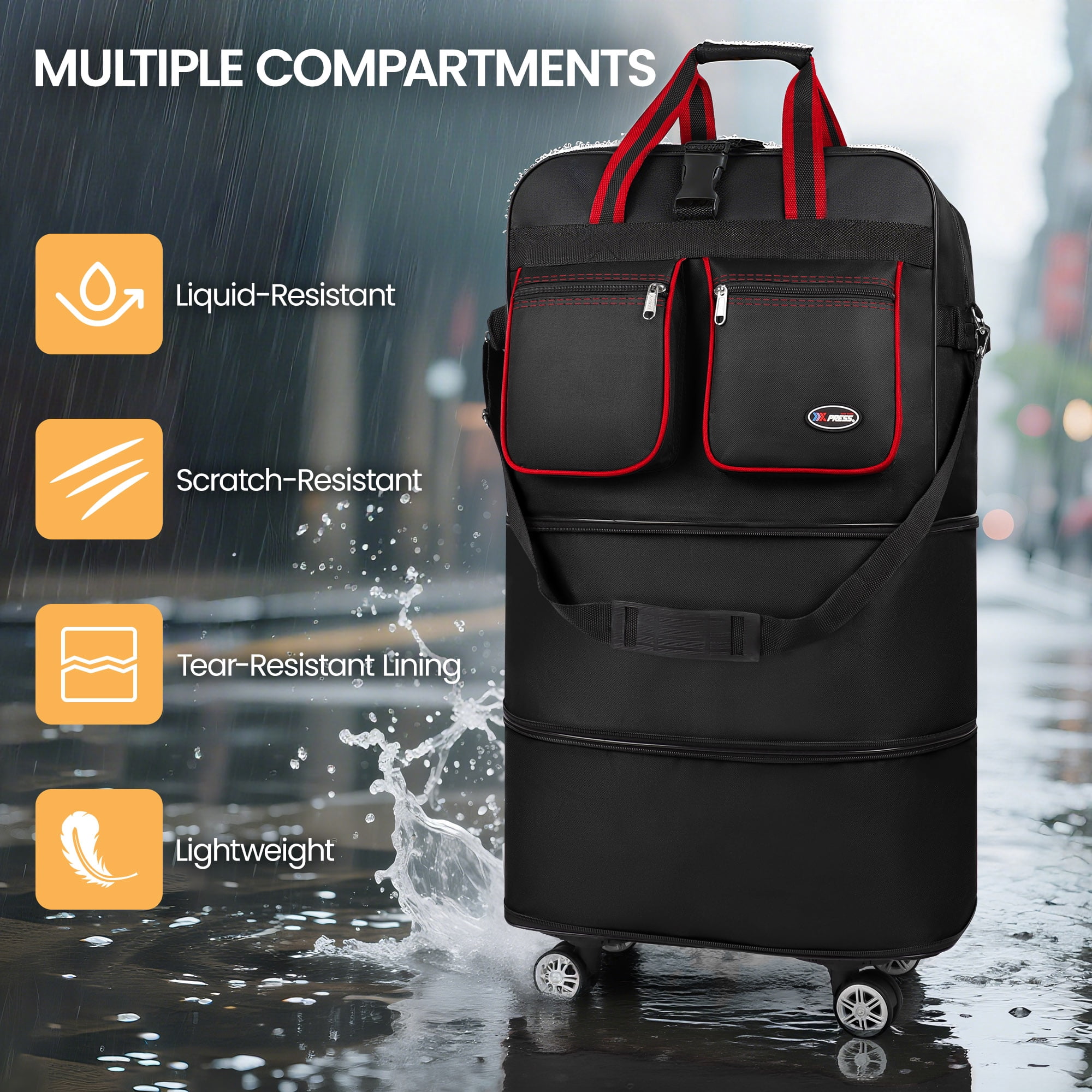 30" Expandable Foldable Luggage Bag,Collapsible Suitcases with Wheels,Lightweight Rolling Duffle Bag for Travel, Moving, Home Storage, Red/Trim, MEX
