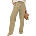 thumbnail image 3 of DuoJiaJ Women's Baggy Linen Wide Leg Trousers Casual Elastic Waist Harem Pants Slacks Loose Fit Patchwork Trousers Women's Wide Leg Pants Beige S, 3 of 5