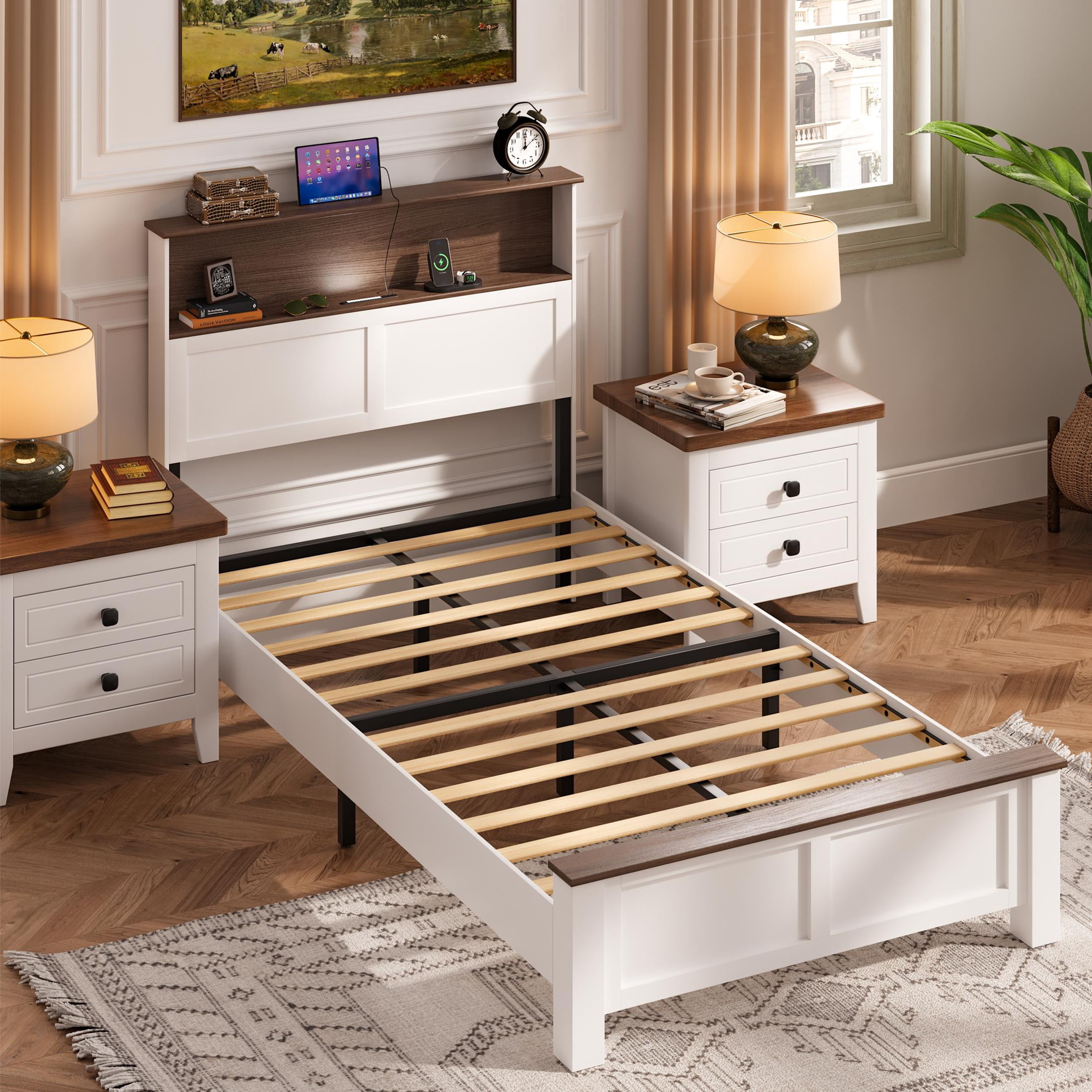 Twin Bed Frame with Storage Headboard and Charging Station, LED Twin Platform Bed with Sturdy Metal Frame, No Box Spring Needed, Easy Assembly, Brown and White