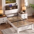 thumbnail image 3 of Twin Bed Frame with Storage Headboard and Charging Station, LED Twin Platform Bed with Sturdy Metal Frame, No Box Spring Needed, Easy Assembly, Brown and White, 3 of 11