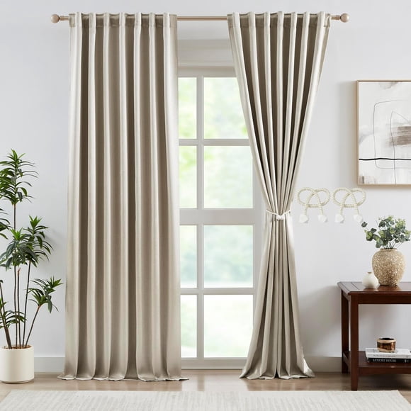 PinesC Tan Blackout Curtains Jacquard 85% Room Darkening Back Tab Rod Pocket Window Curtains for Bedroom Living Room 95 inches Thermal Insulated Taupe Drapes with Tiebacks 2 Panels 54" Wx95 L