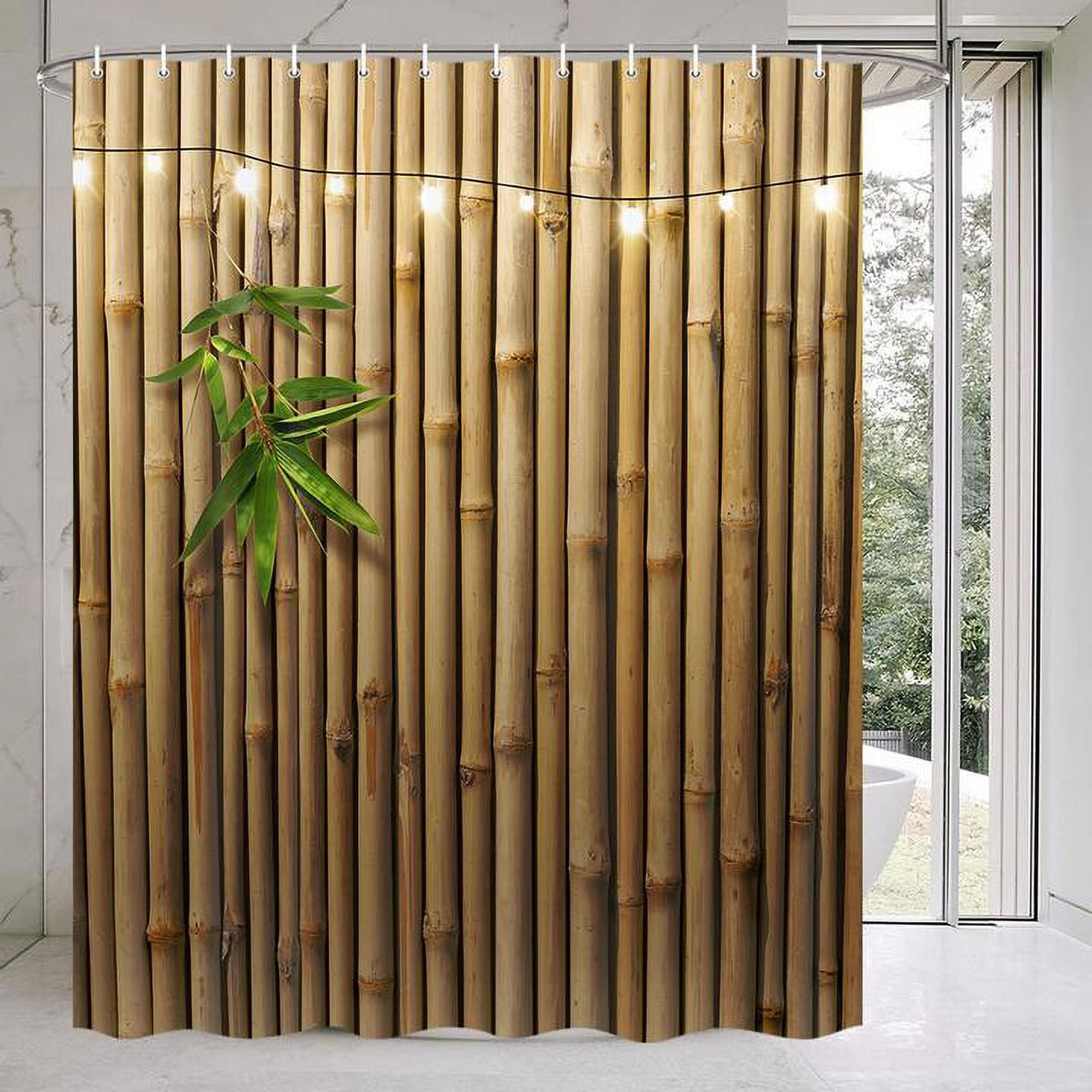 Bamboo Shower Curtain, Japanese 3D Shower Curtain Set for Bathroom, Nature Zen with Lights Fabric Shower Curtain Restroom Bathtub Decor Accessories with Hooks 72X 75 inch