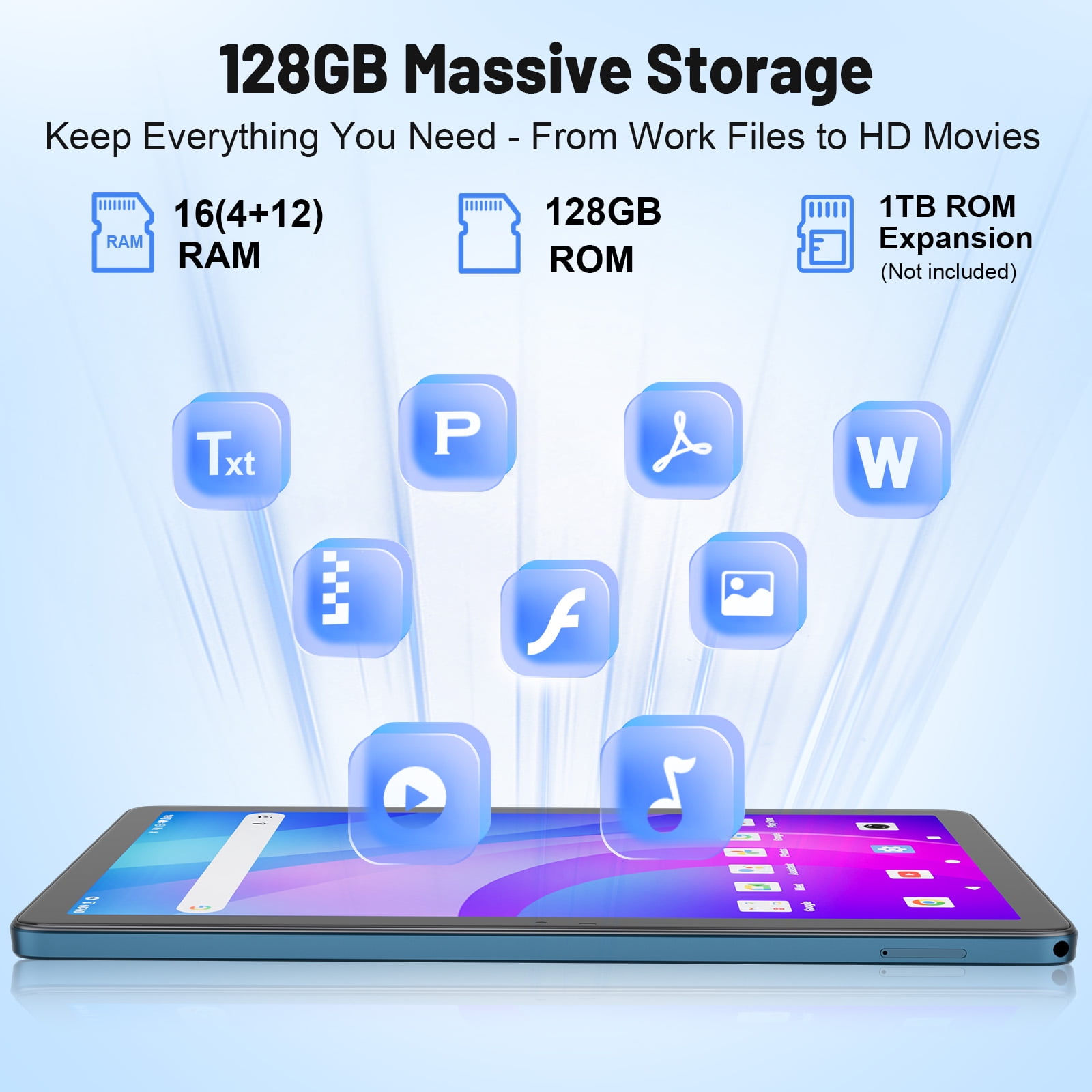 Tablet 10.1 Inch Android 15, 128GB ROM 16GB RAM 1TB Expand 1280x800 HD IPS Touch Screen Android Tablet 8000mAh 5G WiFi, Tablet with Keyboard, Case, Stylus, Dual Speakers, Blue