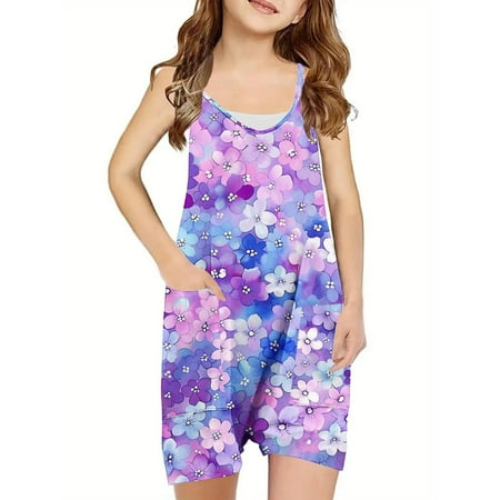 AJTQTH Rompers for Girls Cute Cartoon Printed Jumpsuit V-Neck Spaghetti Straps Onesie with Pockets Comfy Lightweight Playsuit Bodysuit Outfits for Summer Casual Purple#02 13 Years