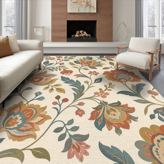 ODIKA 8'x10' Washable Area Rug Autumn Floral Elegance Vintage Design Elegant Motifs with Classic Ornate Detailing for Living Room, Under Sectional, Family , Durable, Non-Slip