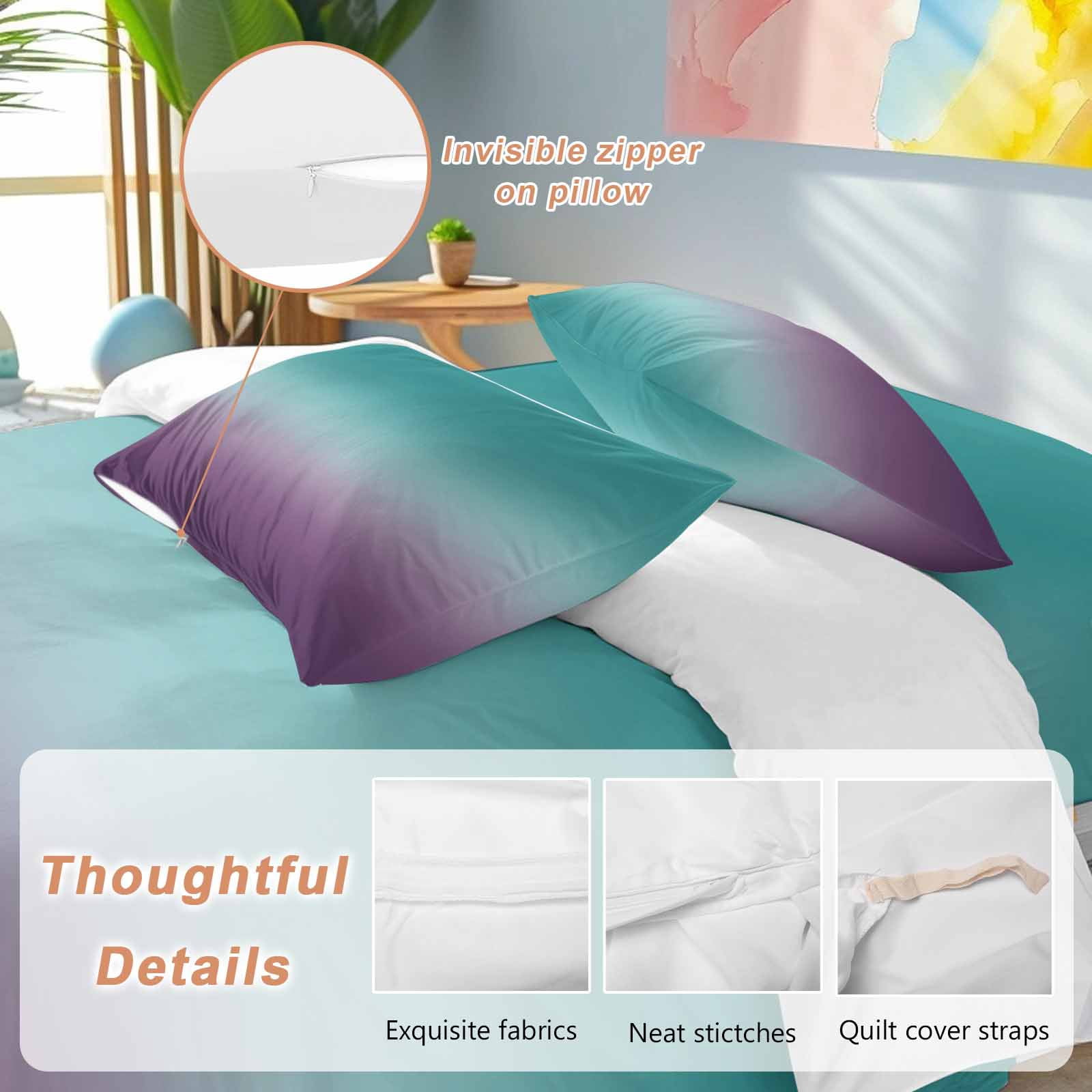 Teal Purple Ombre Duvet Cover Set,Turquoise Gradient Modern Abstract Art Soft Duvet Cover California King Bedding Set 4 Pieces,1 Quiltcover and 2 Pillowcases with Zipper,1 Bed Sheet for All Seasons