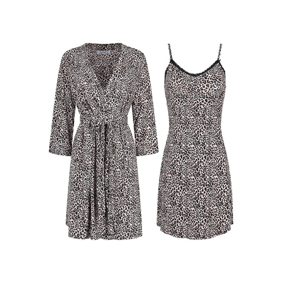 SofiePJ, Women's, Plus Size Printed Robe Set with Chemise 2 Piece Sleep Lounge Set, Leopard Tan, 1X