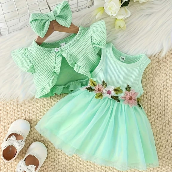 Baby Girls Ruffled Fly Sleeve Jacket And Dress Set Pleated Skirt Garland Waist Nrnament Bowknot Set