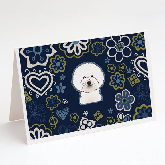 Blue Flowers Bichon Frise Greeting Cards and Envelopes Pack of 8
