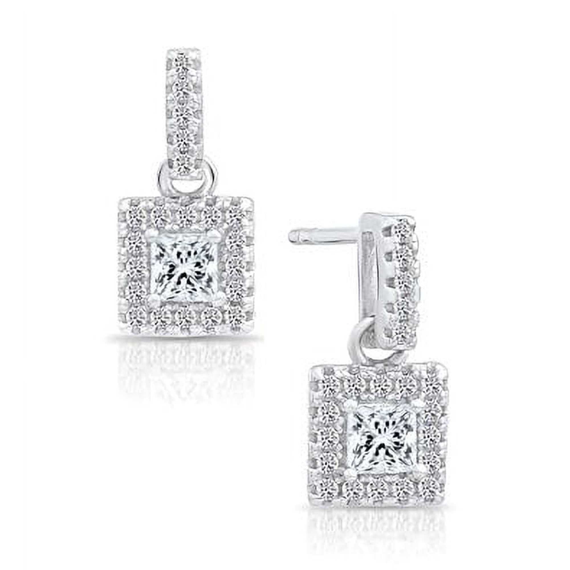 Tilo Jewelry .925 Sterling Silver Tiny Square Halo Dangling Stud Earrings with Secure Push-Back & Cubic Zirconia CZ Stones for Women & Unisex