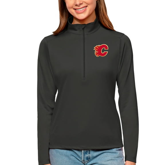 Women's Antigua Charcoal Calgary Flames Tribute Quarter-Zip Pullover Top