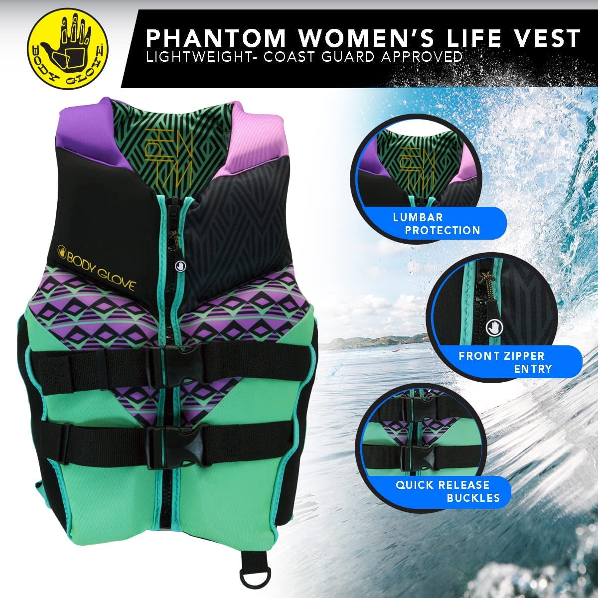Body Glove Phantom Women's PFD Adult Life Jacket, Medium, Aqua/Purple