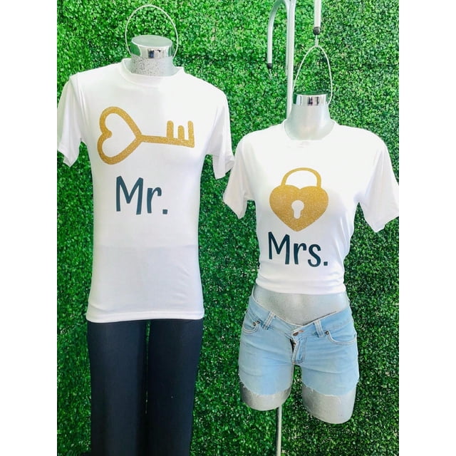 Playera Duo Parejas 2 Piezas Mr y Mrs Llave y Candado Color Blanco Talla Chica Marca Emil SaEs