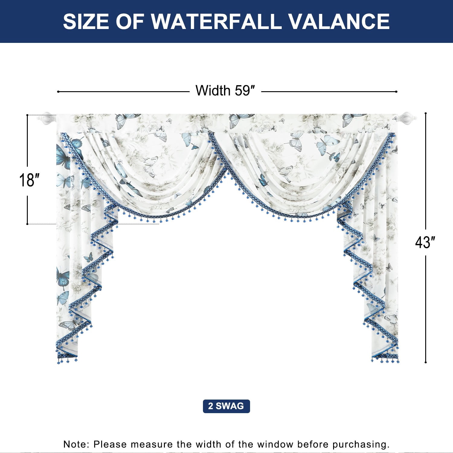 VOGOL Sheer Valance Curtains, Butterflies Print Rod Pocket Design Drapes for Kitchen Nursery, 59x43 Inches