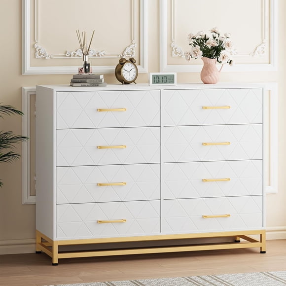 Modern 8 Drawer Dresser for Bedroom – Large Wooden Chest of Drawers with Metal Handles – Wide Storage Organizer for Living Room, Hallway, Closet, TV Stand – MDF Board – White