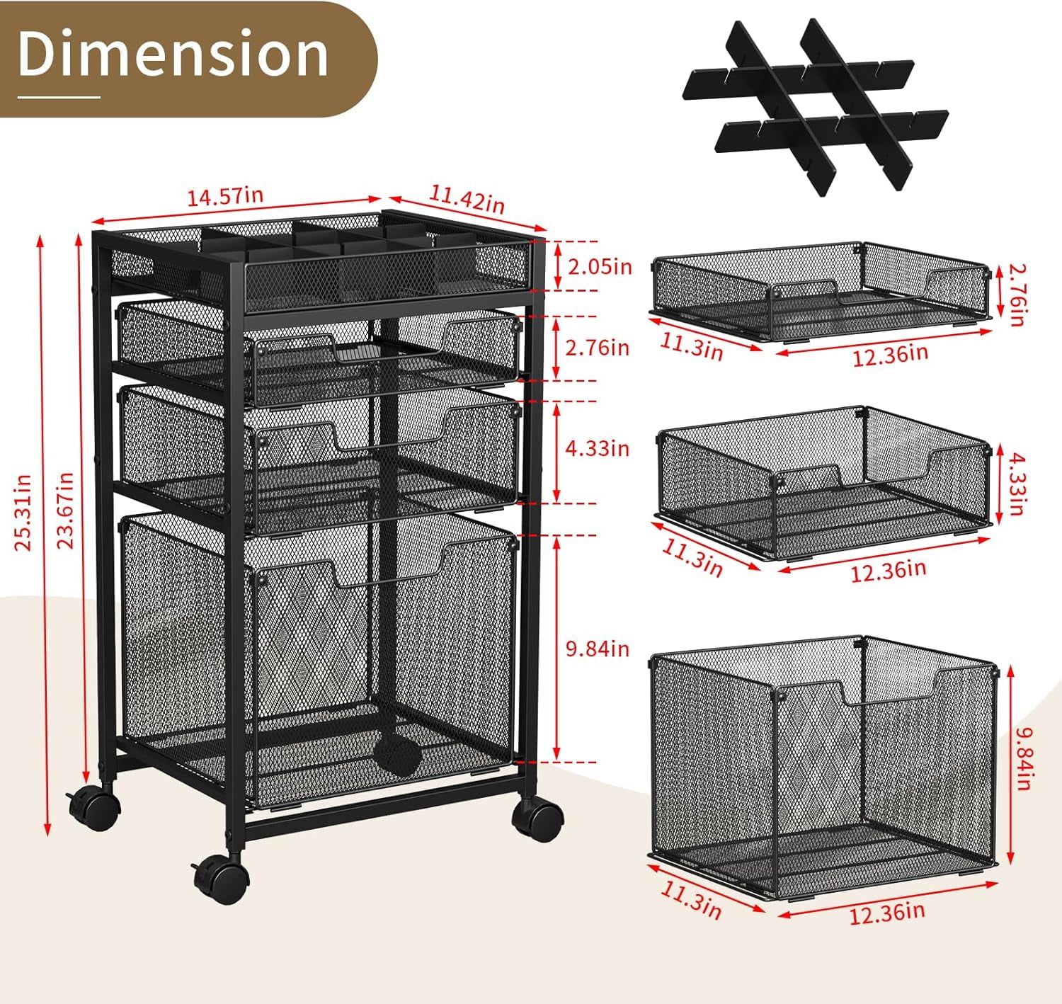 Rolling File Cart with 3 Storage Drawers, Under Desk Filing Cabinet with DIY Divider, Hanging File Folder Organizer on Wheels, Fits A4/Letter Size, Metal Utility Cart for Home Office