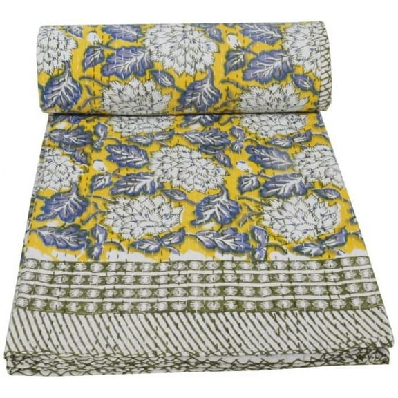 Yuvancrafts Boho Floral Cotton Kantha Bedspread Quilt, Twin - Handmade