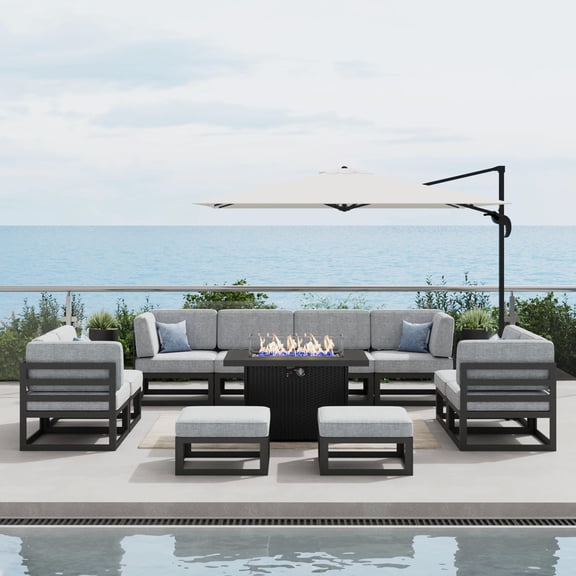 LayinSun Large Aluminum Patio Furniture Set with Fire Pit Table, 11 Pieces Modern Outdoor Conversation Set Sectional Metal Sofa Set with Olefin Cushion