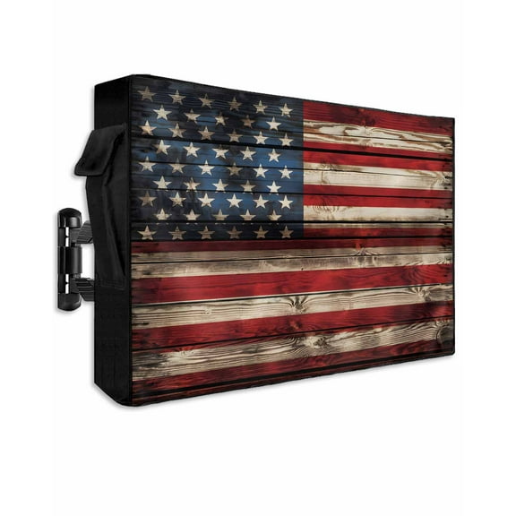 Retro American Flag Outdoor TV Cover 40 to 43 Inch Weatherproof, Red Blue Flag Vintage Wooden 600D Oxford TV Covers with Waterproof Zipper, Outside Flat TV Screen Protector Size 40"W x 25"H x 4.5"D