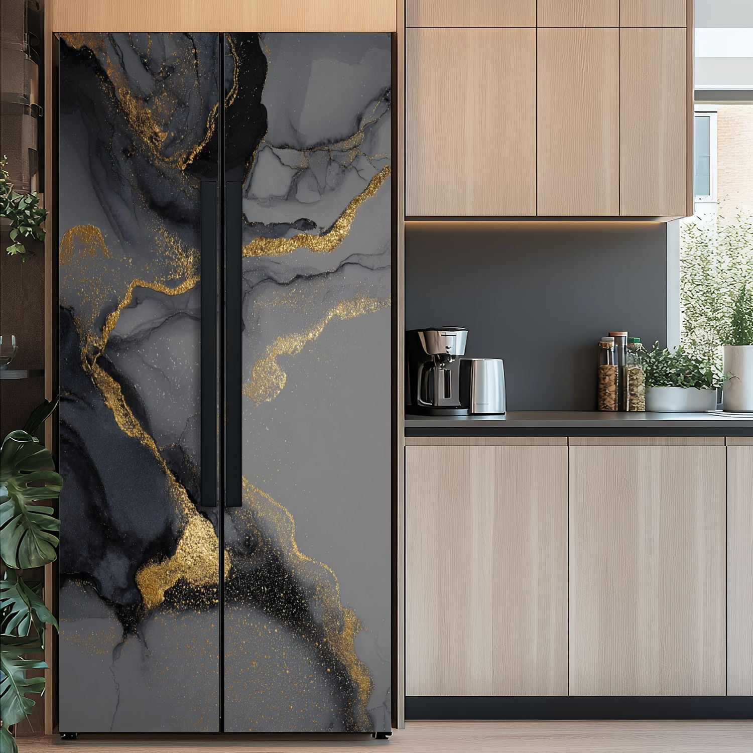 Self Adhesive Vinyl Refrigerator Wrap Set Dark gold abstract marble liquid ink art painting paper Door Mural Removable Fridge Sticker Peel and Stick&nbsp;Full Door Cover Decal Kitchen Bar Decor