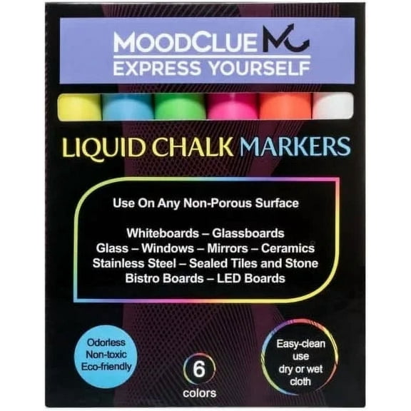 MoodClue Liquid Chalk Markers, 6 Neon Colors, Reversible Tip, Wet or Dry Erase, Washable, Non-Toxic, for Glass, Windows, Mirrors, Whiteboards