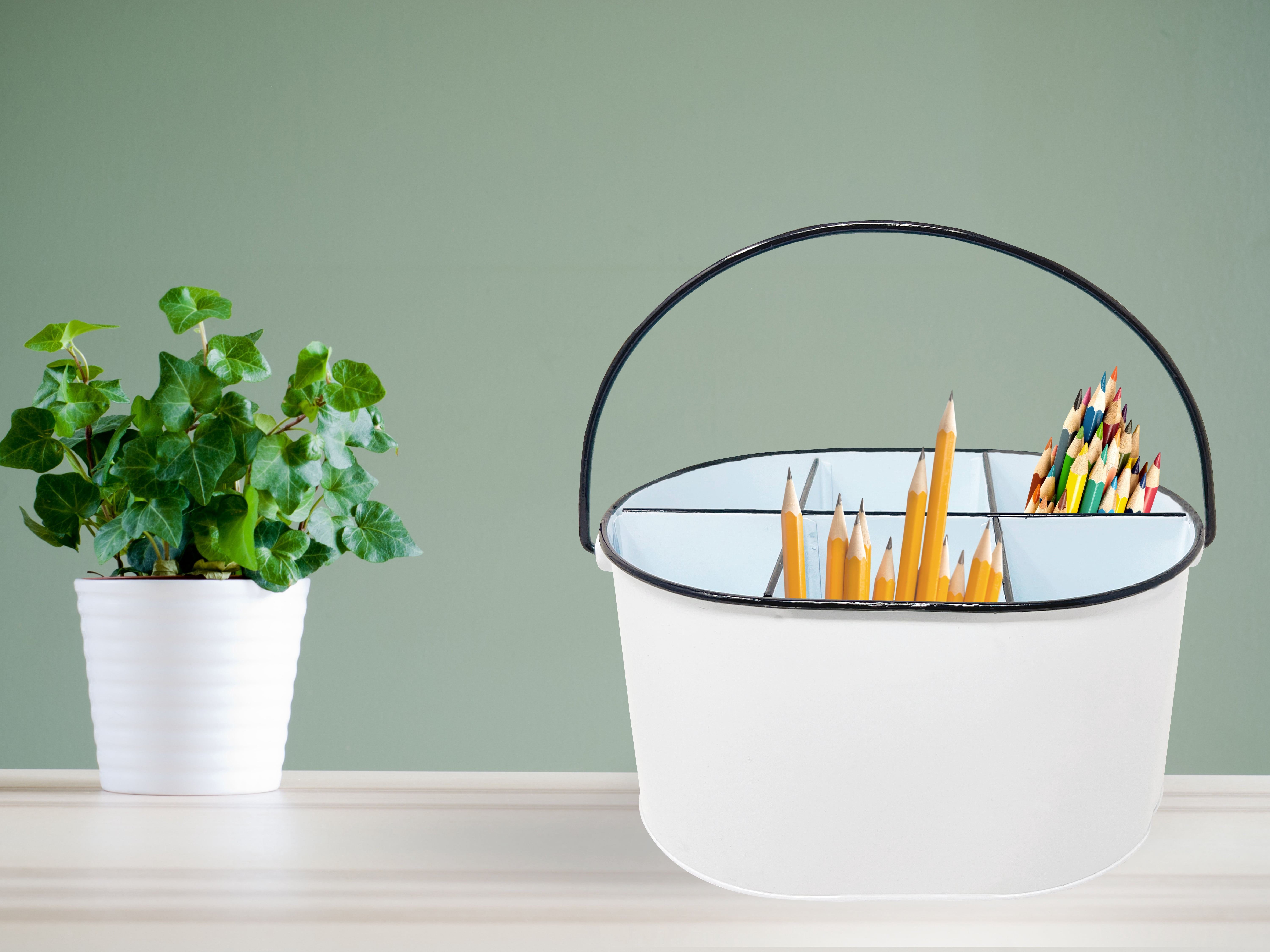 Gathery Designs White Metal Caddy Divided 6 Compartments Basket Storage Bin with Metal Handle for Home, Kitchen, Wedding, Party, Events and More