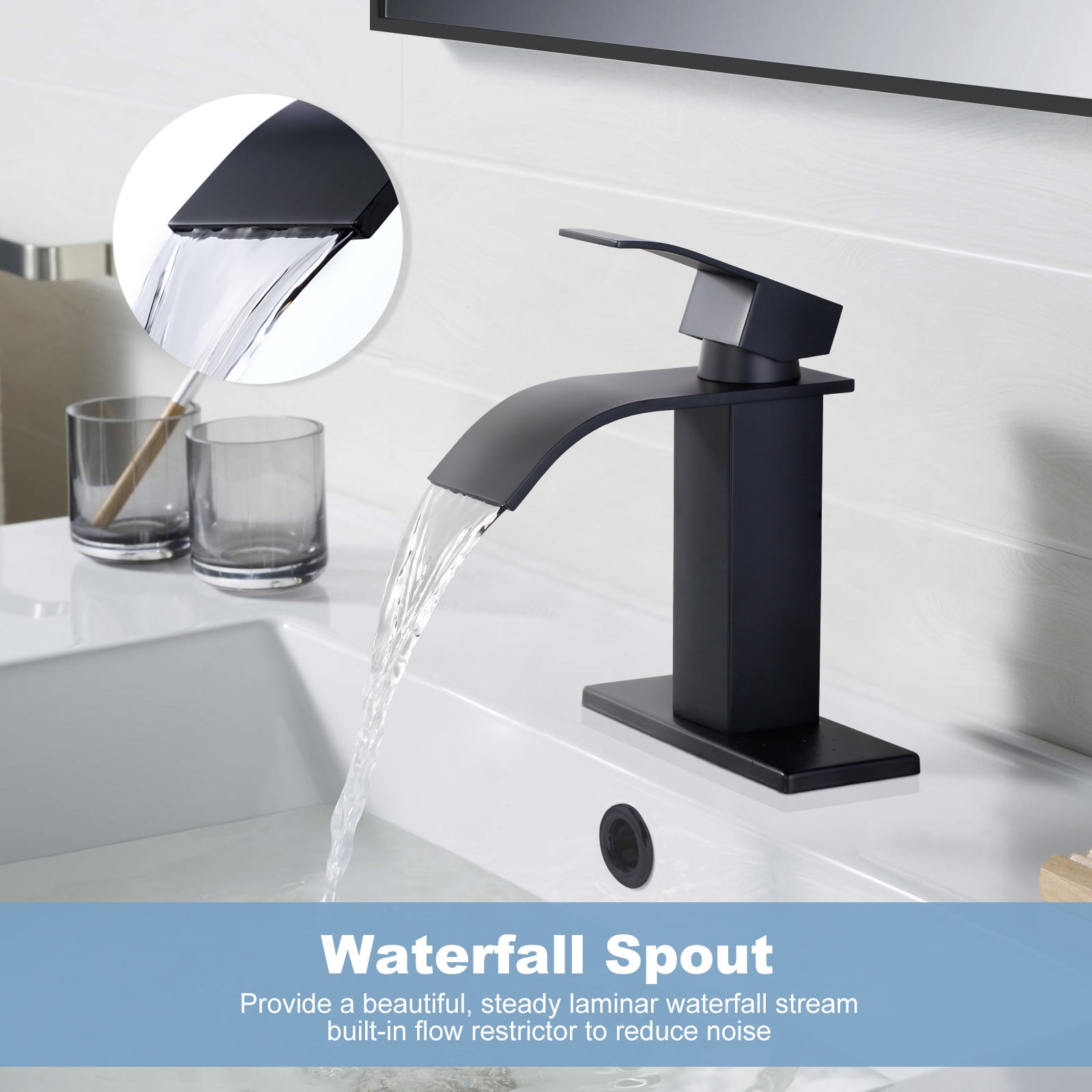 Wowow Waterfall Bathroom Faucet Matte Black Faucet for Bathroom Sink Single Handle Mixer Tap Lavatory Vanity Faucet with Deck Plate and Pop Up Drain, 1 or 3 Hole