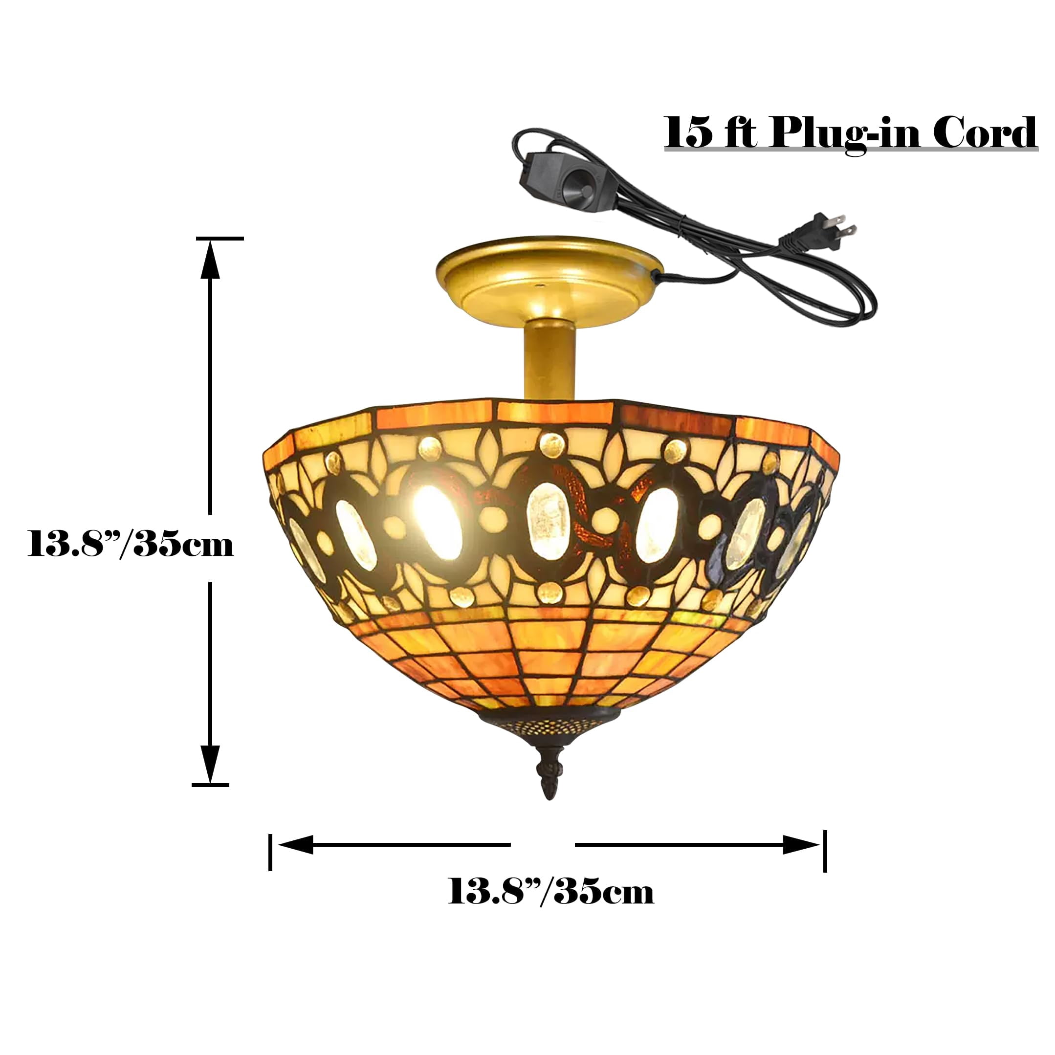 Kiven 13.8in Flush Mount Ceiling Light Fixture Dimmable, 3-Light Anti Glare Close to Ceiling Light with 15FT Plug-in Cord, Tiffany-Style Glass Chandelier for Bedroom Kitchen Hallway(No.3205)