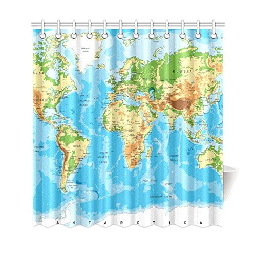 Gckg World Map Shower Curtain 66x72 Inches Polyester Fabric