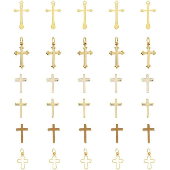 36Pcs 6 Styles Small Cross Charms 18K Gold Plated Brass Cross Pendants Jesus Christ Cross Charms Pendants for Jewelry Making Crafting Findings Handmade Craft DIY Hole: 1~3mm