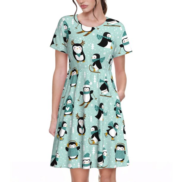 Disketp Winter Skiing Penguin para Vestido de Manga Corta para Mujeres, Vestidos de Verano para Mujeres, Casual y Holgado para la Playa