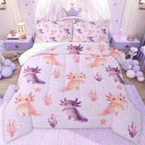 jejeloiu Sea Animal Axolotl Full Size Comforter Sets,Pink Purple Salamander Bedding Sets For Girls Kids Reversible 3-Piece