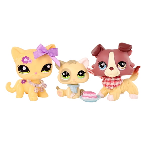 3 PCS Minilpsshop Pets Little Cat Dog Figurines Toy Collie #1262 Shorthair Cat #1962 Kitten #1074 with Accessories