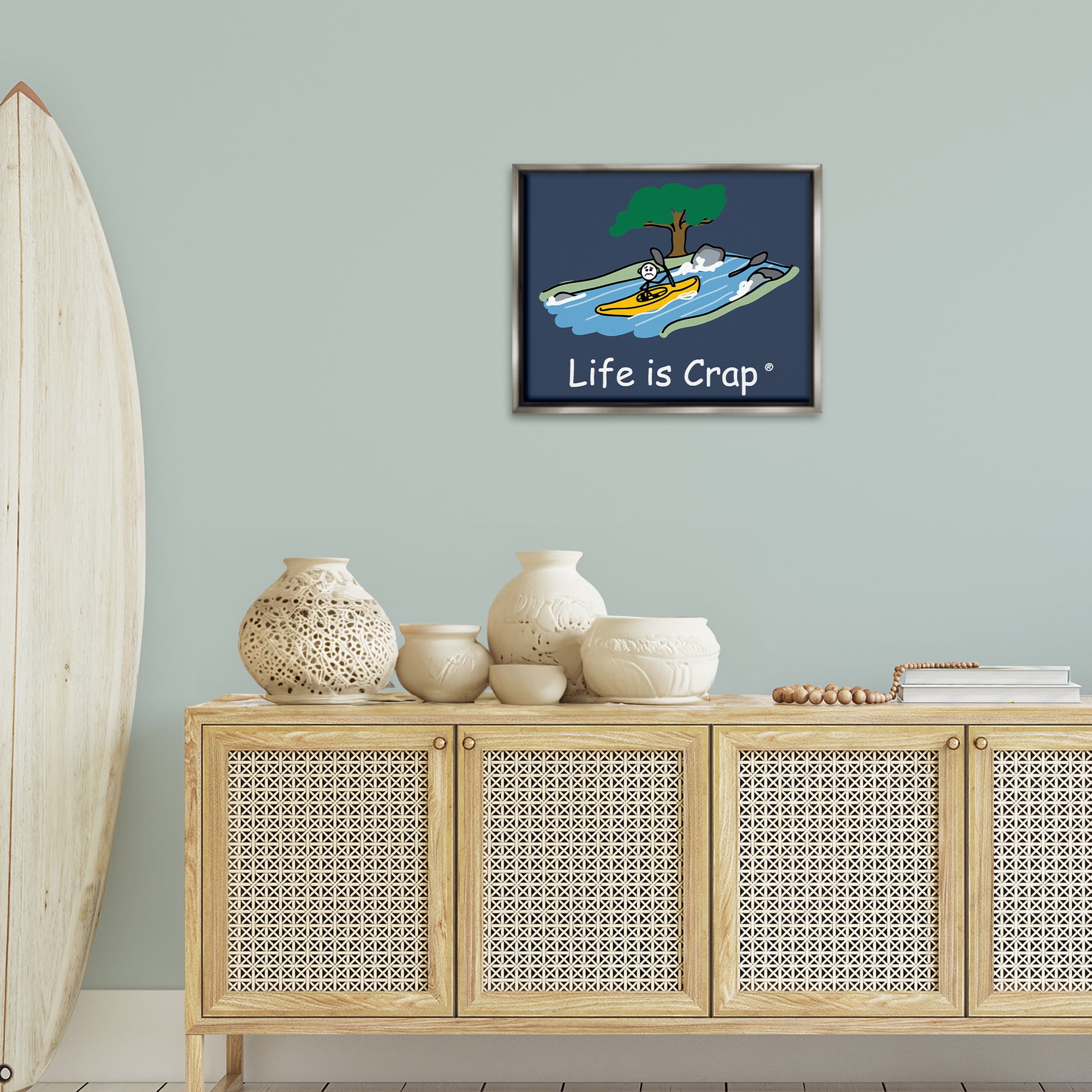 Stupell Industries Life Is Crap Kayaker Novelty & Humor Painting Gray Floater Framed Canvas Art Print Wall Art, 21 x 17