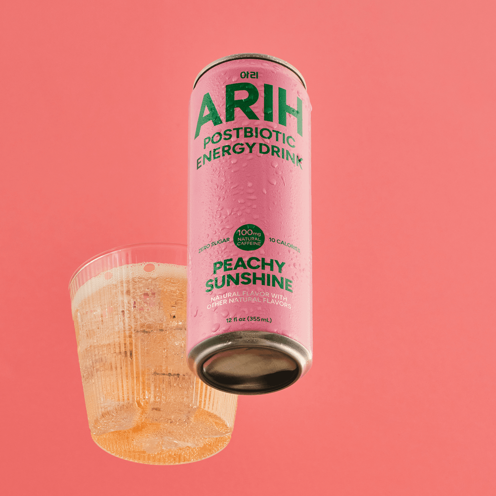 ARIH Postbiotic Energy Drink, Zero Sugar Clean Energy Drink with 100mg Natural Caffeine, Peachy Sunshine, 12 fl oz
