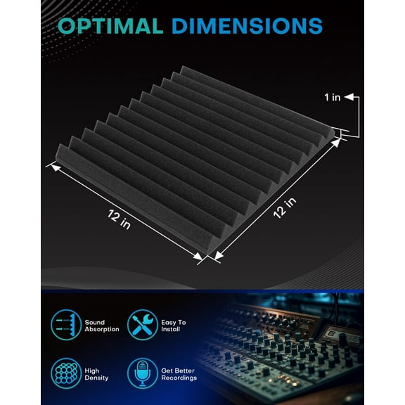 96 Pack Sound Proof Foam Panels for Walls, 1 X 12 X 12 Inches Acoustic Foam Panels, High Density Sound Absorbing Black Noise Cancelling Studio Wedges