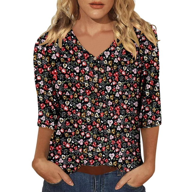 Nouveaux et Tendances T-Shirts Graphiques Uooqdmx pour Femmes, Hauts Boho pour Femmes, Hauts Floraux pour Femmes, Tunique Col en V 2025, Hauts de Printemps pour Femmes 2025, Rouge 2 TTG