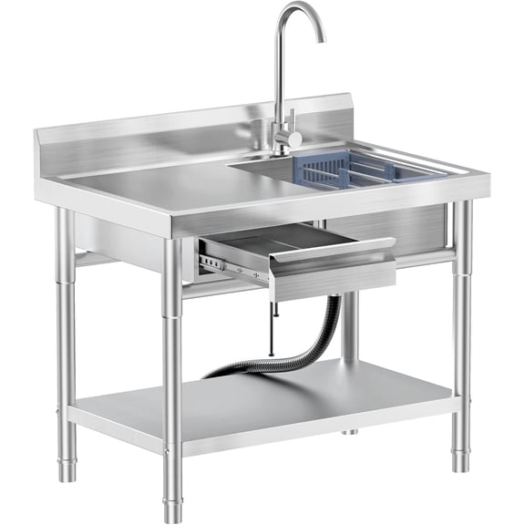 40" Sink with Left Drainboard Weight Stainless steel freestanding sink 50 lbs Kitchen Dishwashing and Vegetable Drainage Basket Bathroom Laundry