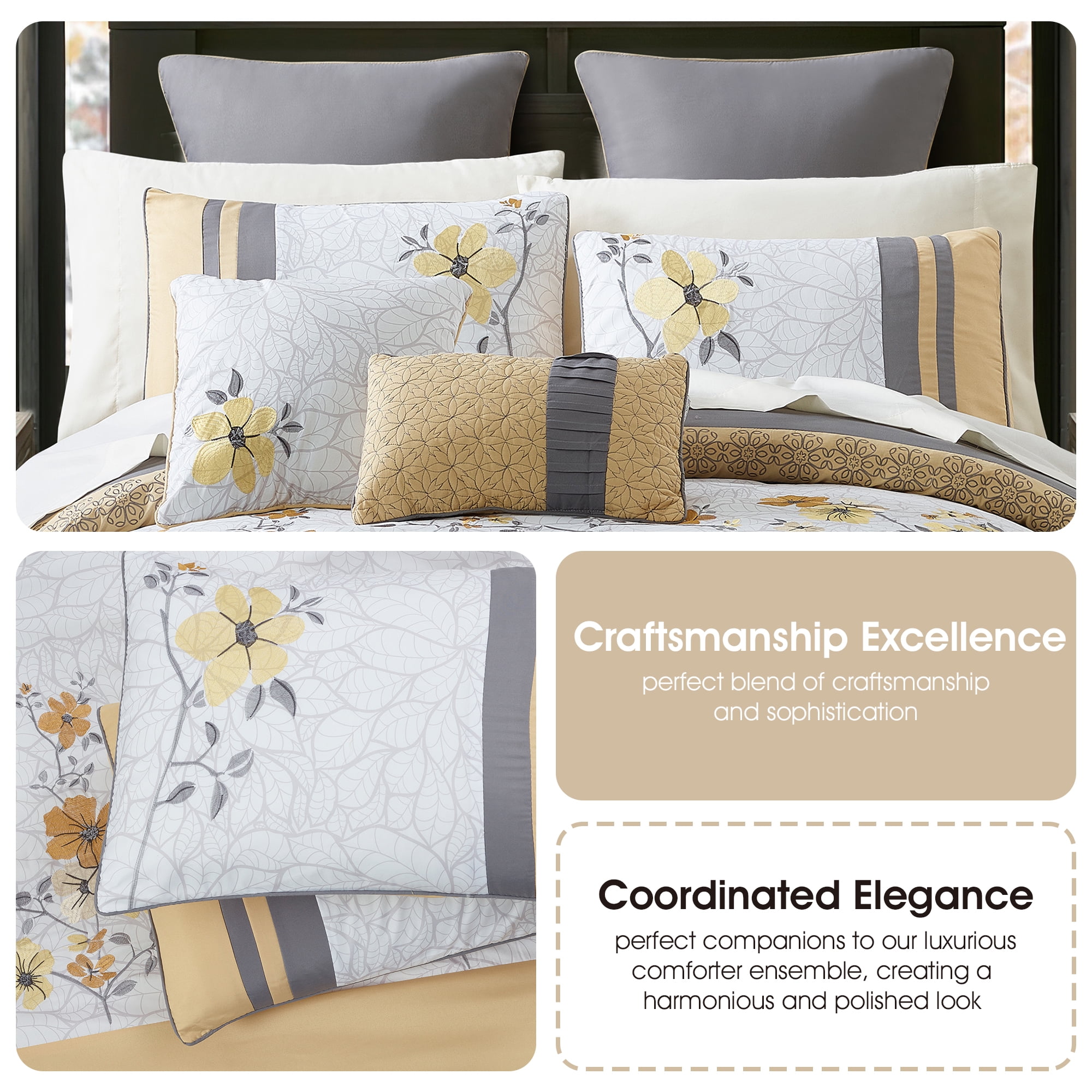 Lanco Tulip Floral Bed in a Bag 12-Piece Bedding Comforter Set, Yellow Gray, Bed Size King, 100% Polyester Fill