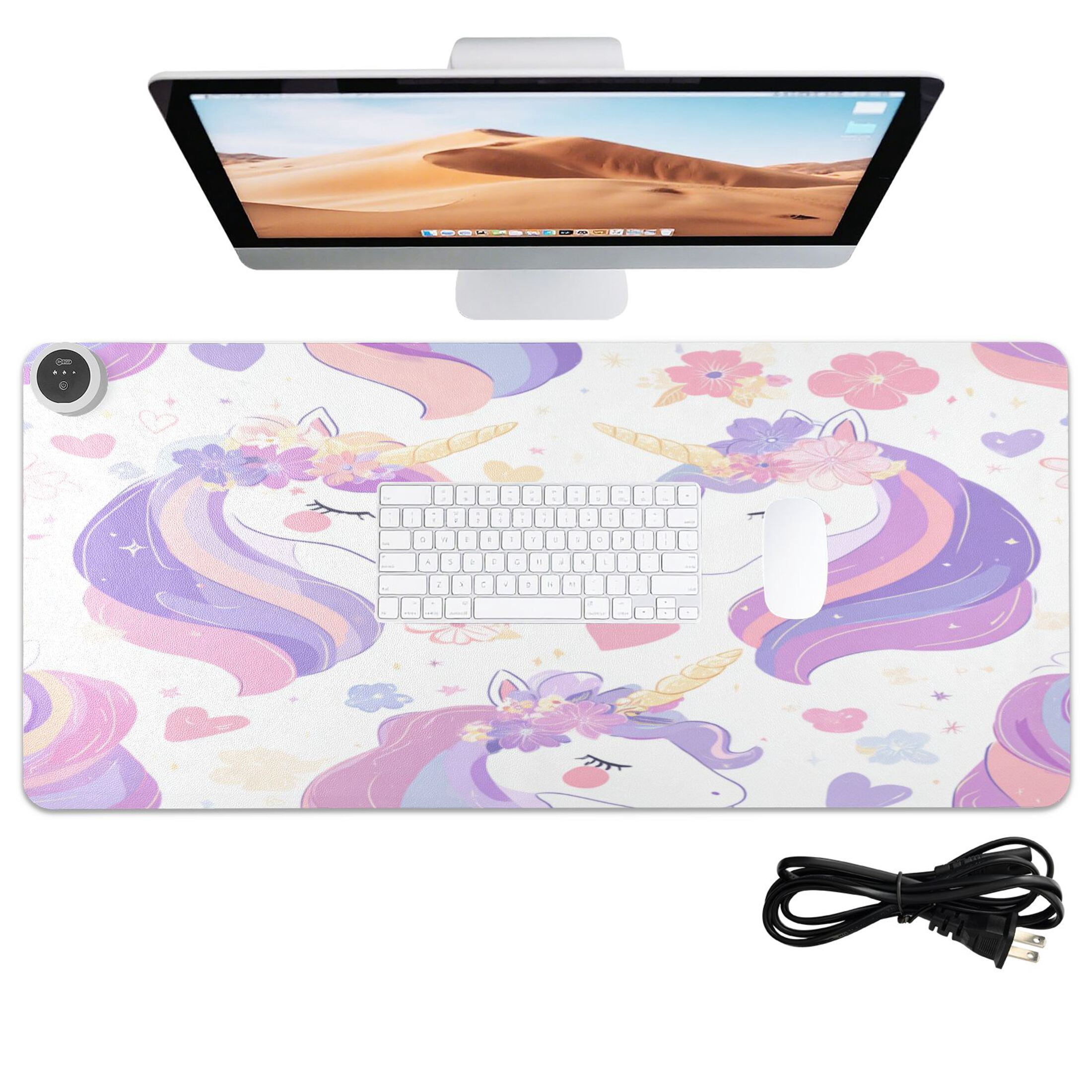 Large Heated Desk Mat Mouse Pad 31.5"x13"PU Leather Graphene Heating Desk Warmer with 3 Temperature Settings 110V US Plug Non-Slip Warm Pad for Home, Office, and Gaming Magical Unicorn Garden Pattern