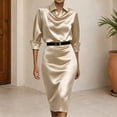 thumbnail image 4 of PBFRDSJ Women's Satin Cowl Neck Midi Dress 3/4 Sleeve Dreesy Formal Office Business Dress for Wedding Cocktail Prom Party, 4 of 7