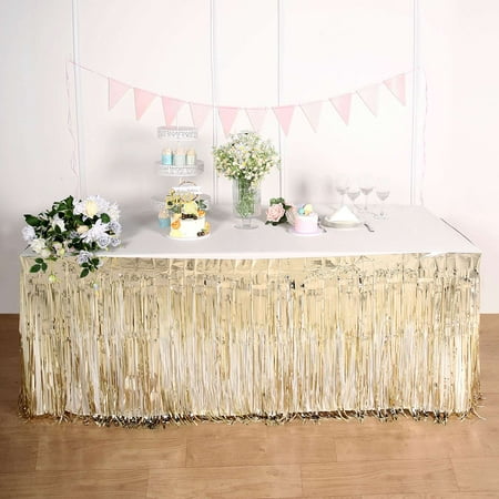 

Efavormart 30 x9FT Metallic Foil Fringe Table Skirt Self Adhesive Party Table Skirt - Champagne