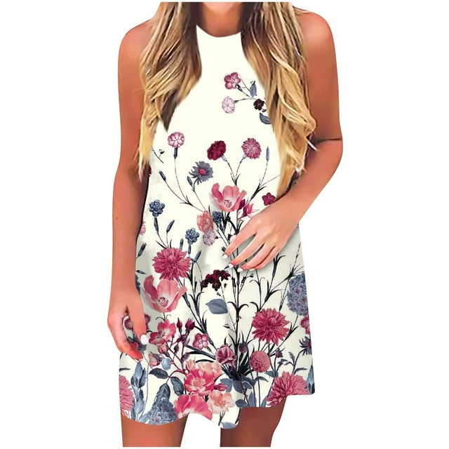 SMihono Robe Maxi Bohème d'Été pour Femmes Grande Taille Décontractée Imprimée Col Rond Manches Courtes Ample Longueur Genou Robe de Plage