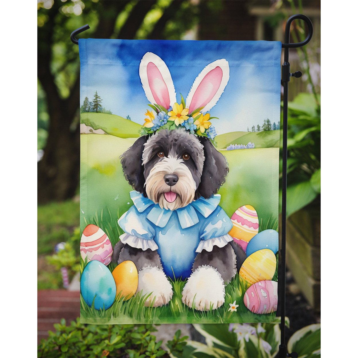 Portuguese Water Dog Easter Egg Hunt Garden Flag 11.25 in x 15.5 in