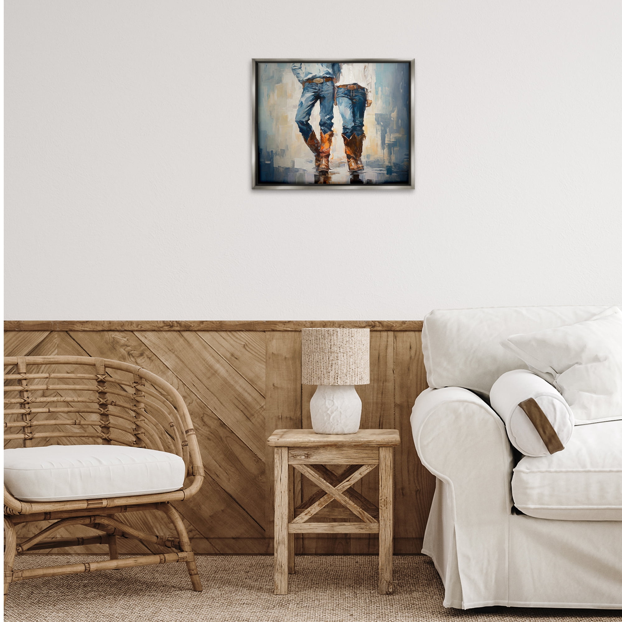 Stupell Industries Cowboy & Cowgirl Couple Novelty Painting Gray Floater Framed Canvas Art Print Wall Art, 21 x 17