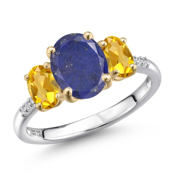 Gem Stone King 925 Silver and 10K Yellow Gold Blue Lapis and Yellow Citrine and Lab Grown Diamond Engagement Ring for Women | 2.96 Cttw | Oval 9X7MM | Birthstone | Size 9