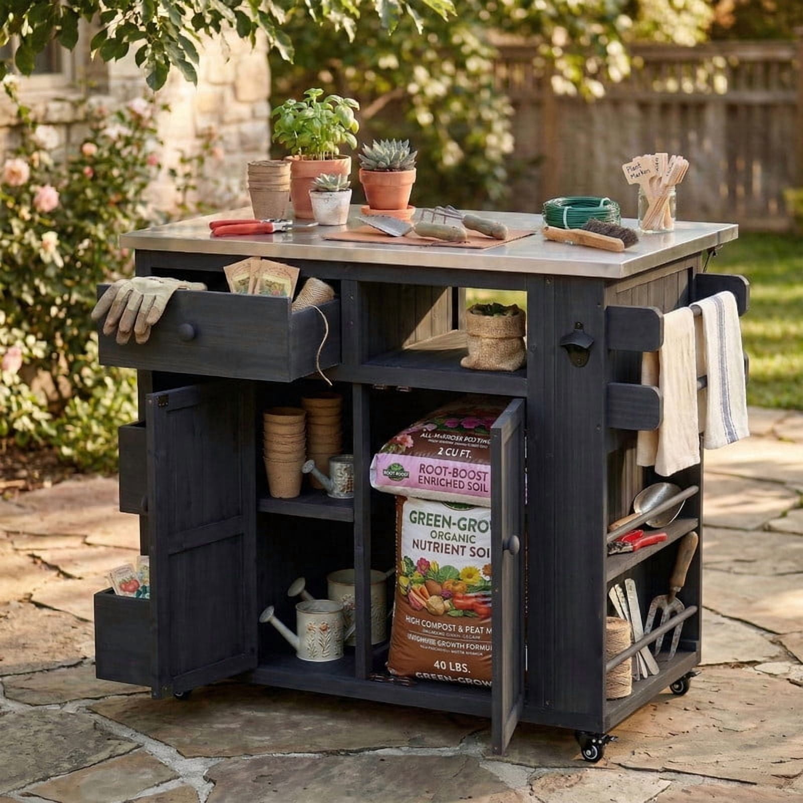 Outdoor Solid Wood Kitchen Island, Extendable Stainless Steel Top Grill Table with Drop Leaf, Storage Kitchen Cart